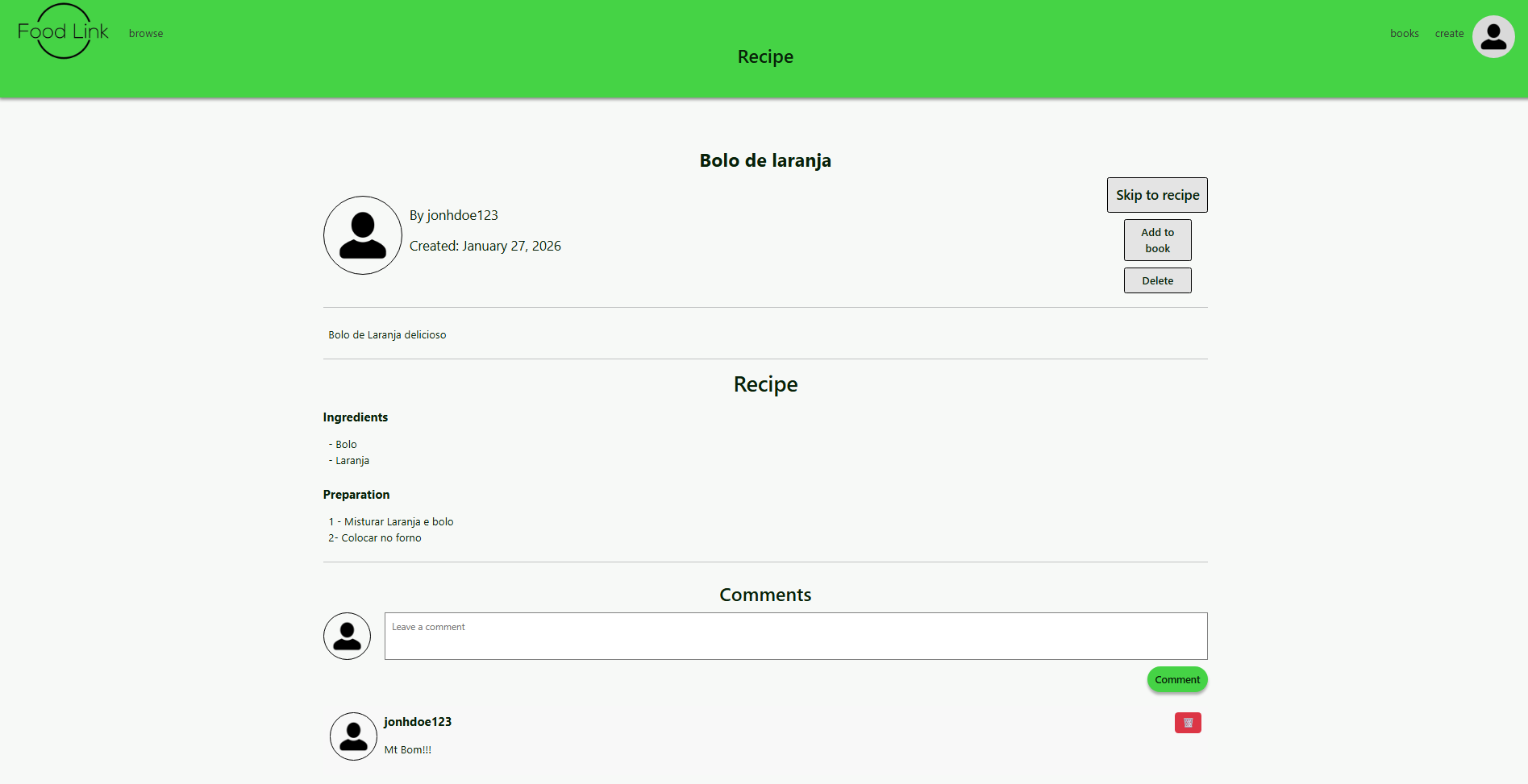 Details of the recipe, with comment section