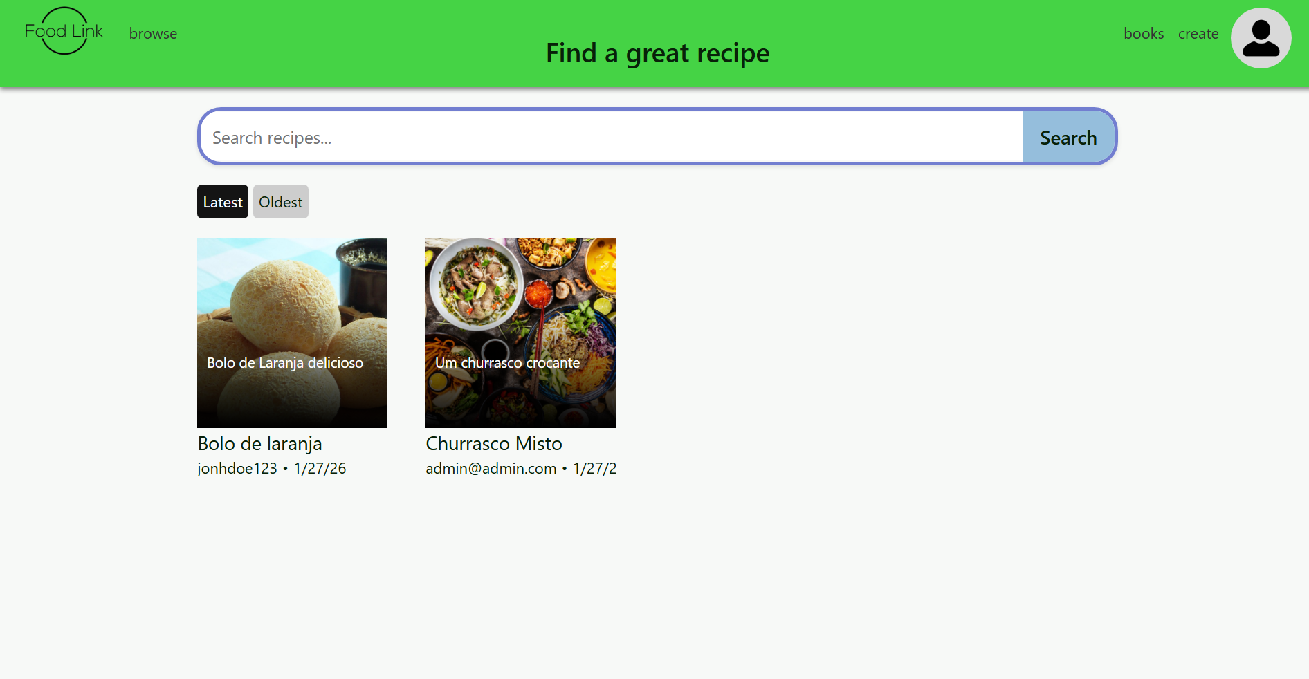 All recipes will be shown here, along with who posted them and when they were posted